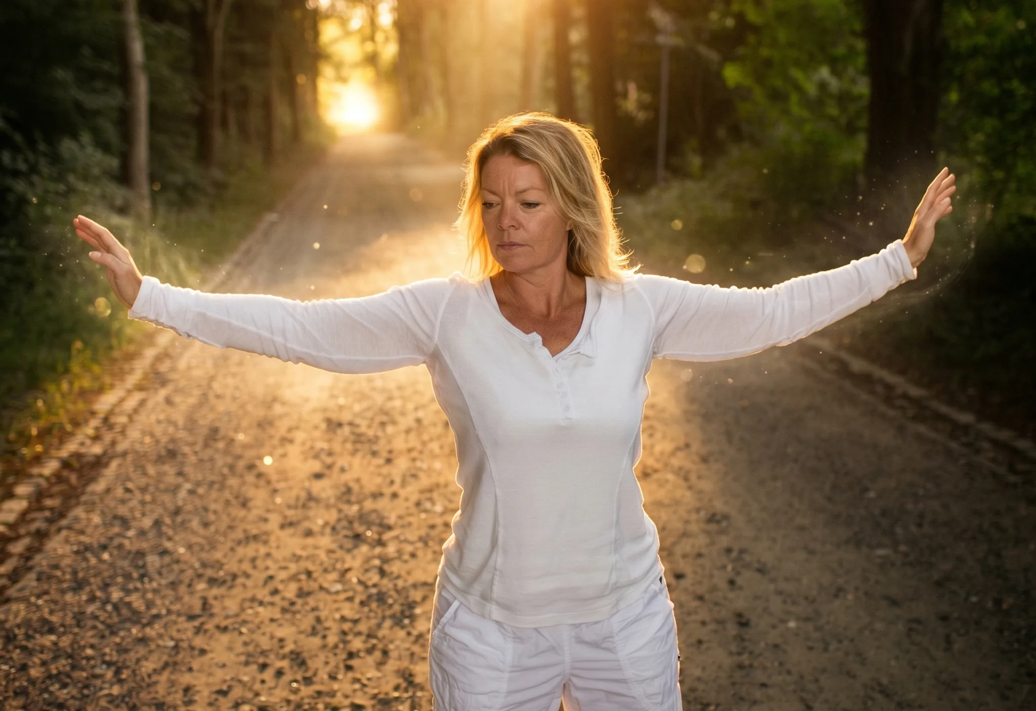 Sanne in qi gong posture on a forest path at sunrise